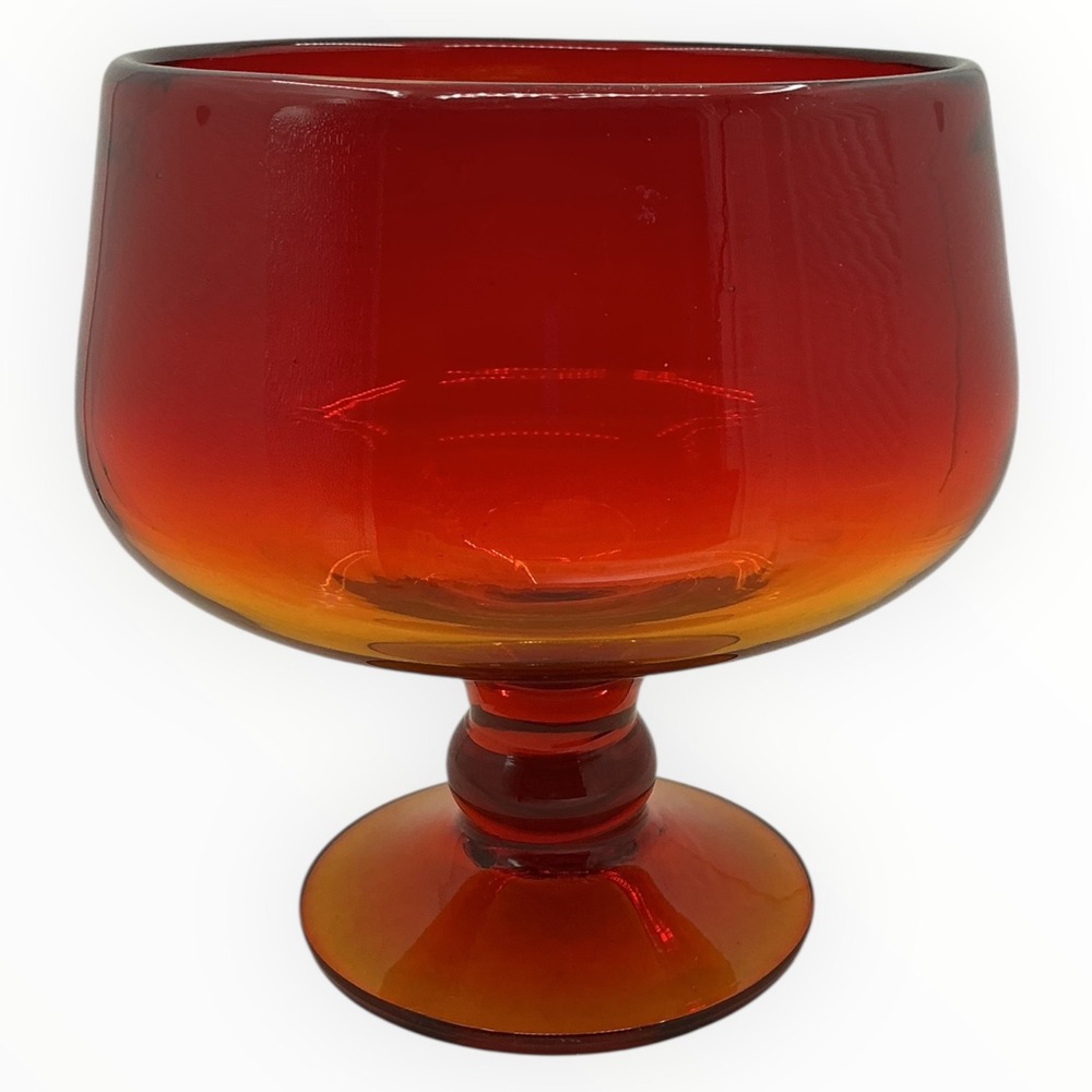 Blenko Tangerine Hand Blown Glass Footed Bowl Pedestal Compote 6.75 inches MCM - Picture 6 of 11